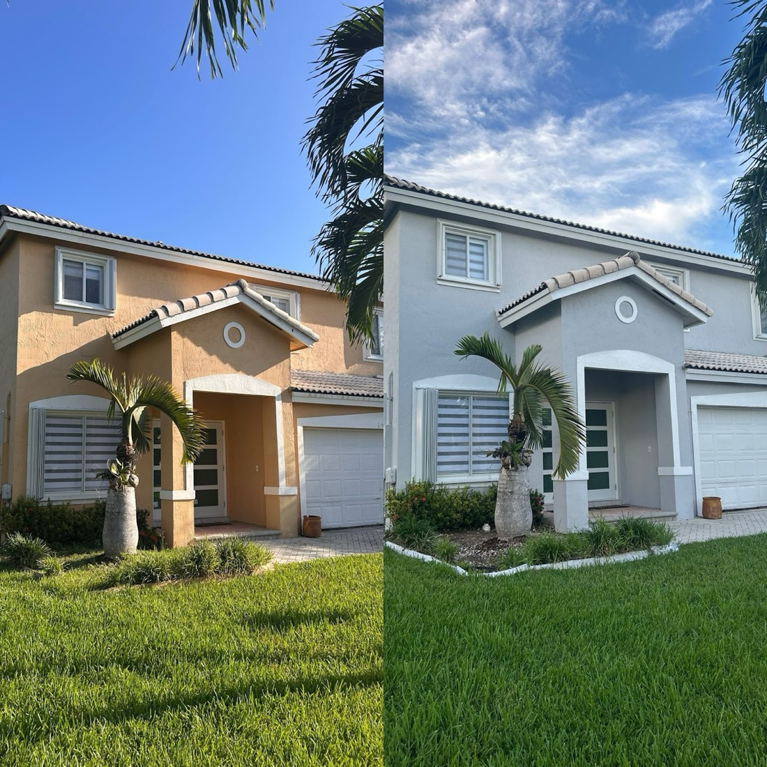 Before and after exterior house painting in Miami — dated orange repainted to a modern gray and white