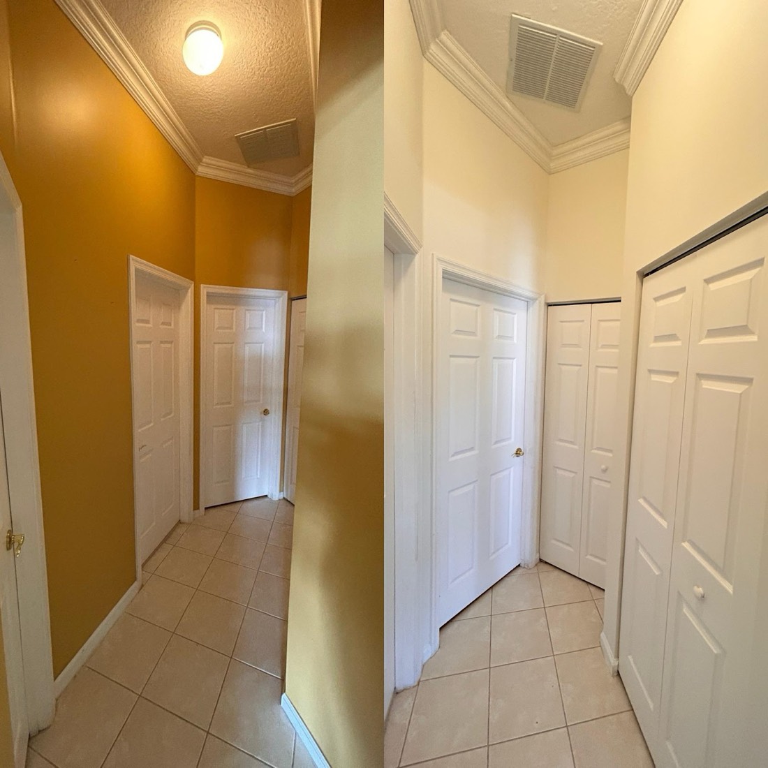 Before and after interior hallway painting — gold walls transformed to bright white